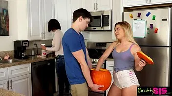 Stepsis Aubrey catches horny stepbrother fucking the family pumpkin