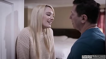 Teen stepdaughter asks stepdad to impregnate her and sucks his big cock.He gives her oral sex and then fucks her as the small tits blonde masturbates