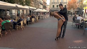 Tall beautiful redhead Spanish slut fucked and tormented in crowded bar